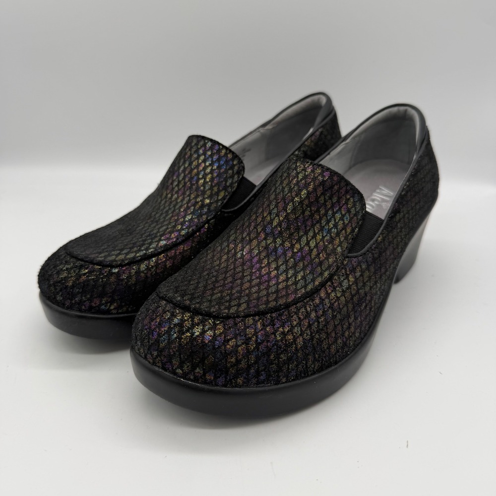 Alegria Emma EMM-751 Black Iridescent Snakeskin Leather Wedge Loafers 38